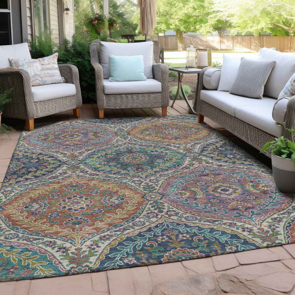 8' X 10' Blue Copper And Gold Floral Washable Indoor Outdoor Area Rug