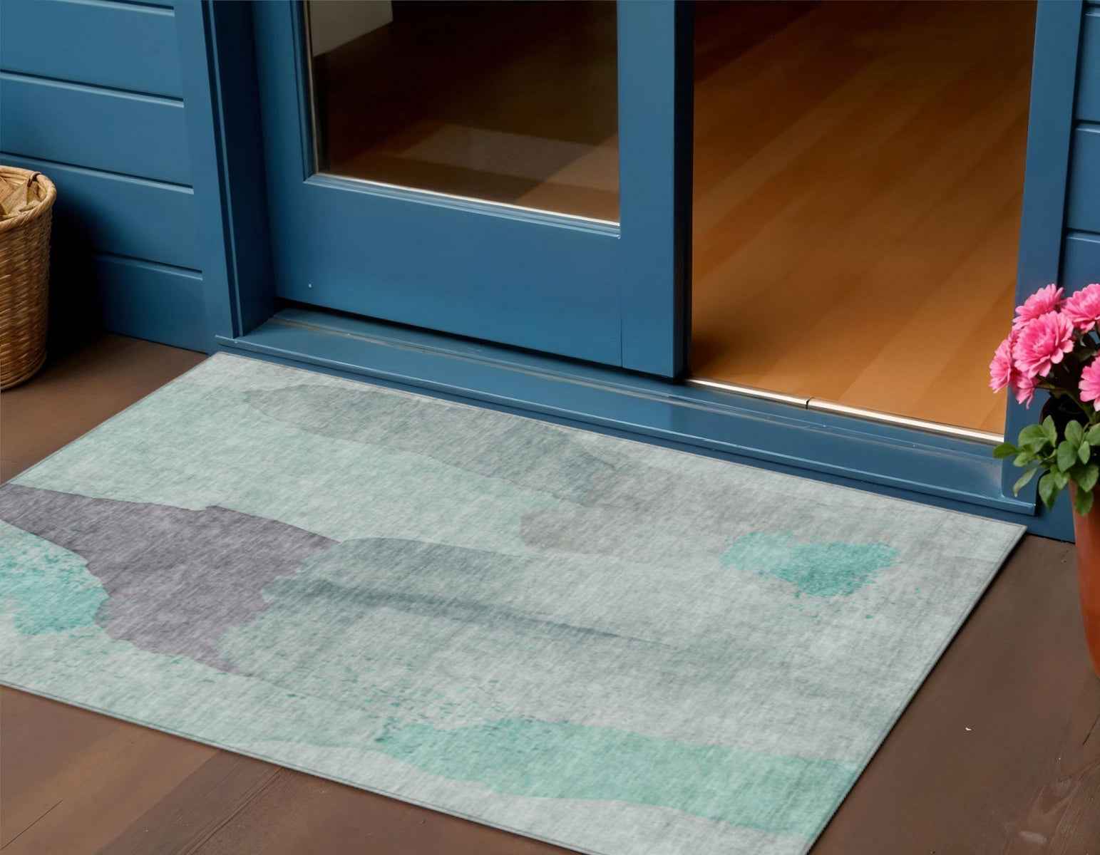 3' X 5' Teal Blue And Aqua Abstract Washable Indoor Outdoor Area Rug