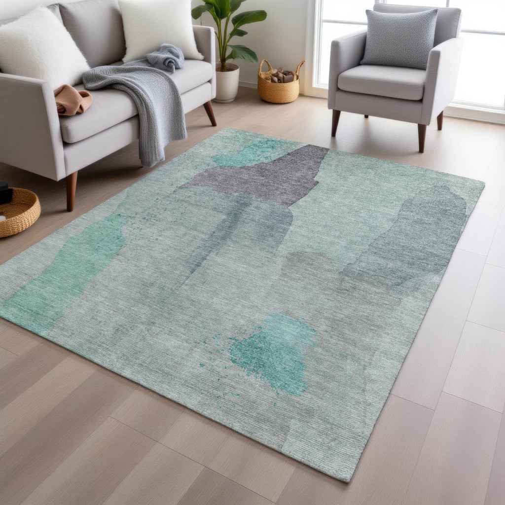3' X 5' Teal Blue And Aqua Abstract Washable Indoor Outdoor Area Rug