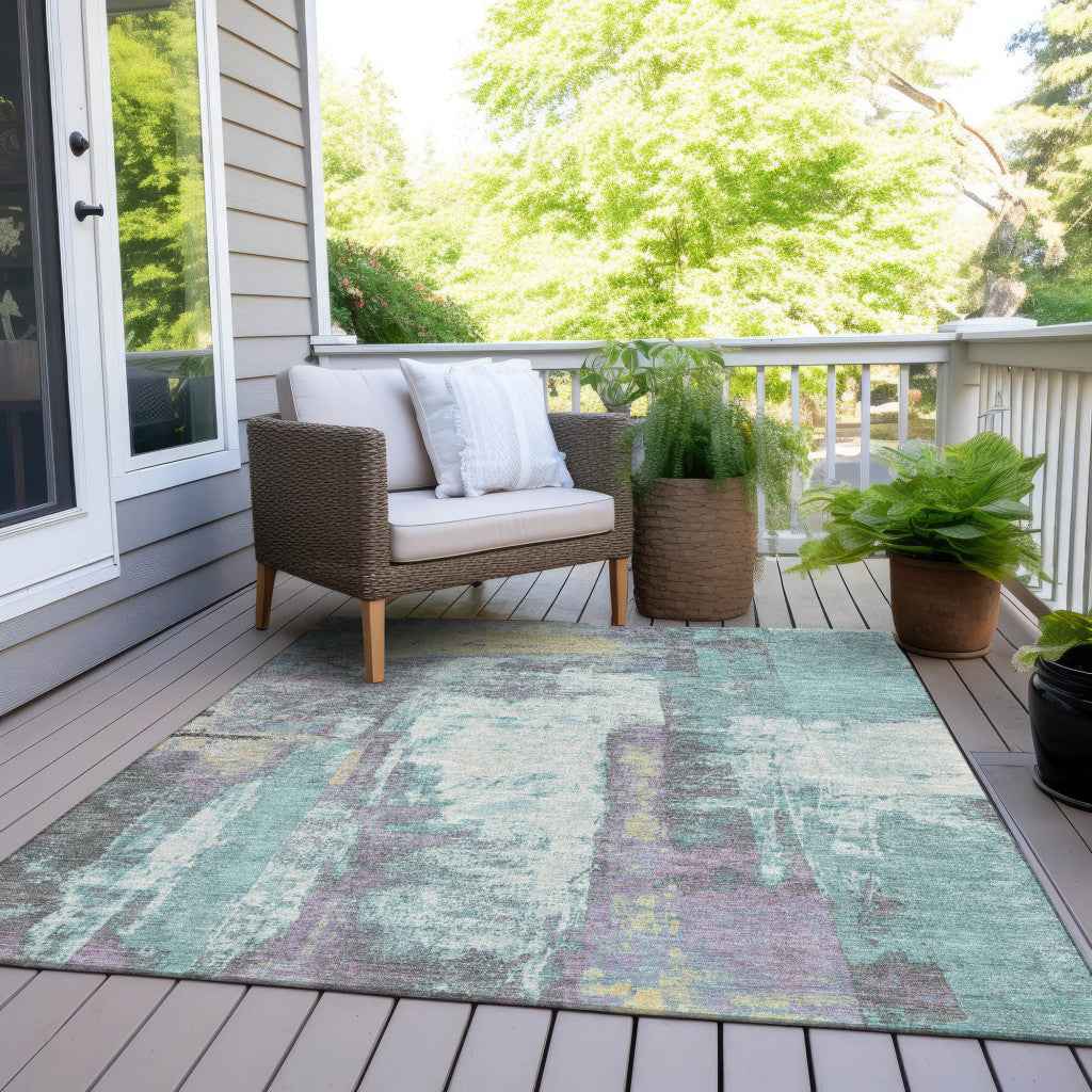 3' X 5' Teal Blue And Ivory Abstract Washable Indoor Outdoor Area Rug