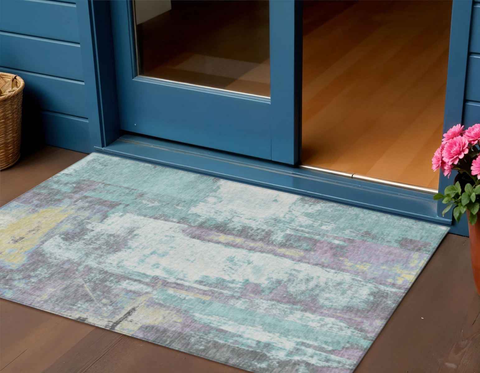 3' X 5' Teal Blue And Ivory Abstract Washable Indoor Outdoor Area Rug