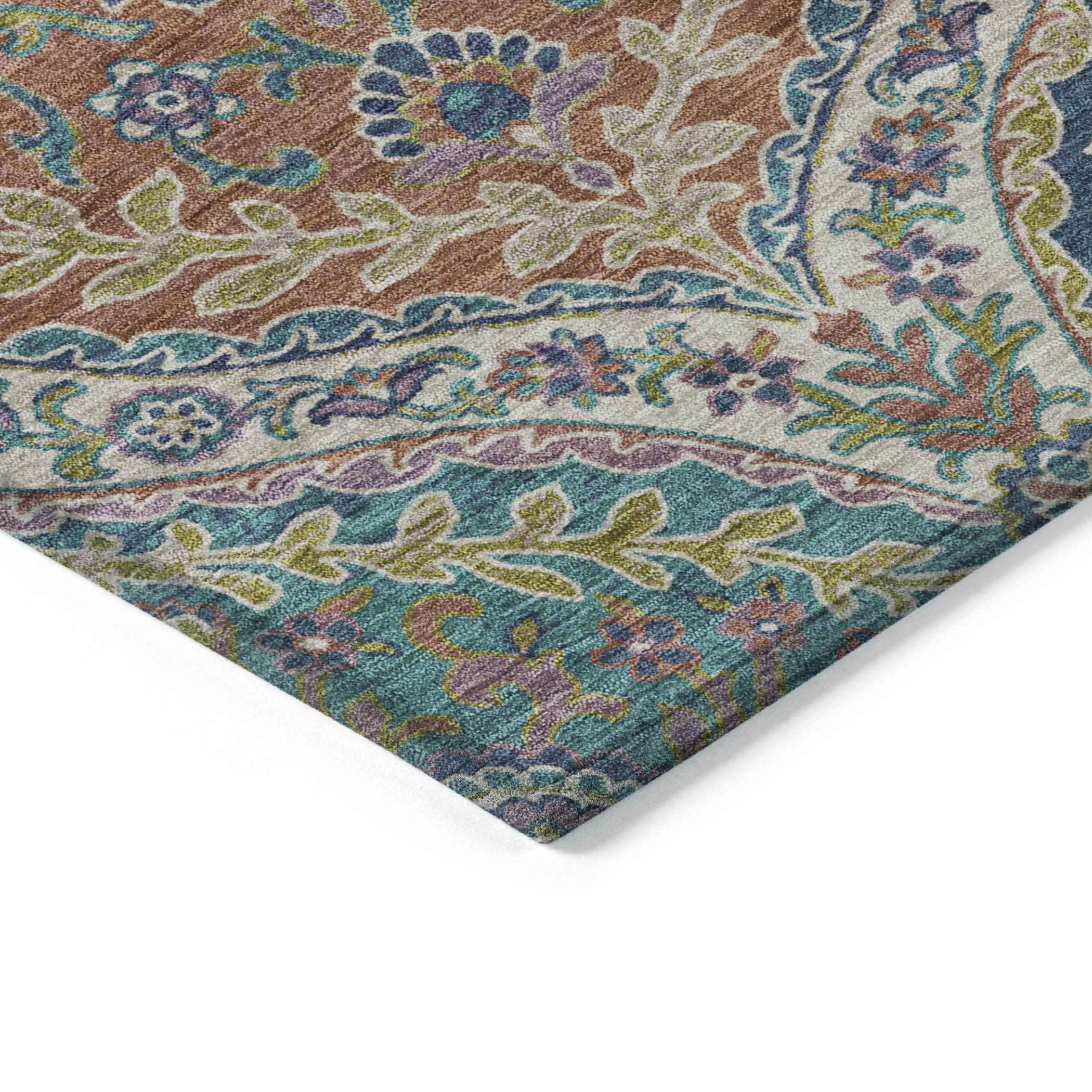 3' X 5' Blue Copper And Gold Floral Washable Indoor Outdoor Area Rug