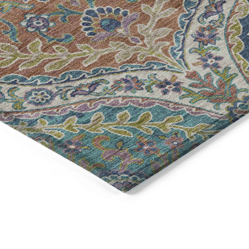 3' X 5' Blue Copper And Gold Floral Washable Indoor Outdoor Area Rug