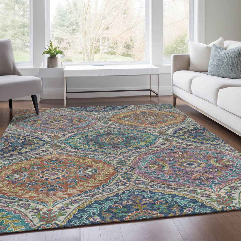 3' X 5' Blue Copper And Gold Floral Washable Indoor Outdoor Area Rug
