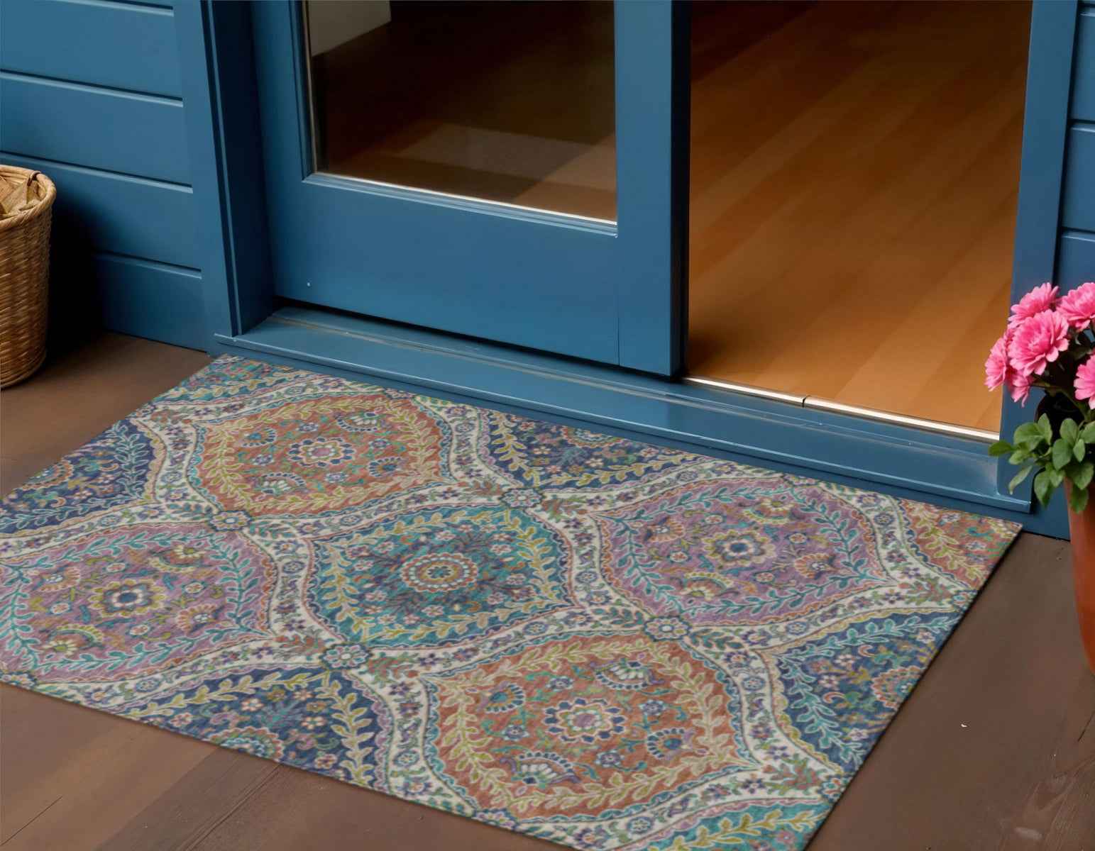 3' X 5' Blue Copper And Gold Floral Washable Indoor Outdoor Area Rug