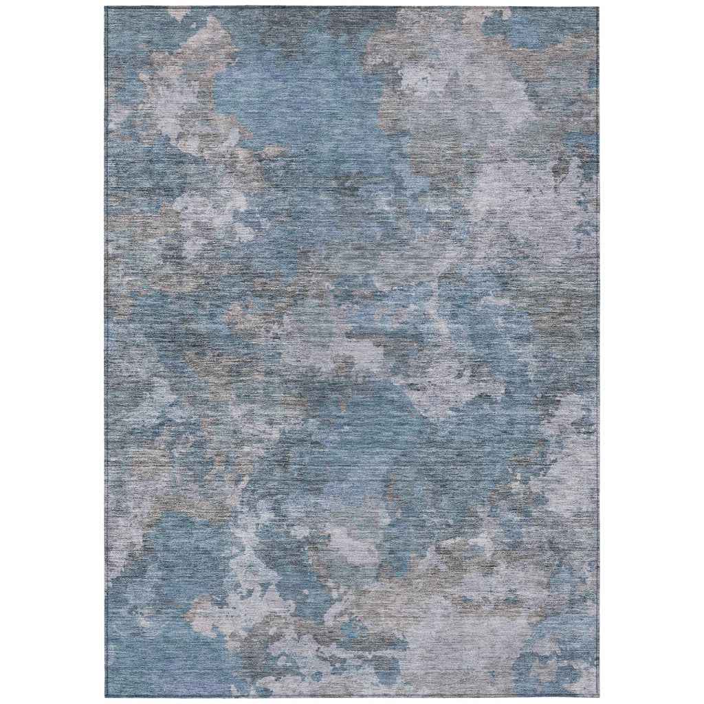 5' X 8' Denim Blue And Gray Abstract Washable Indoor Outdoor Area Rug