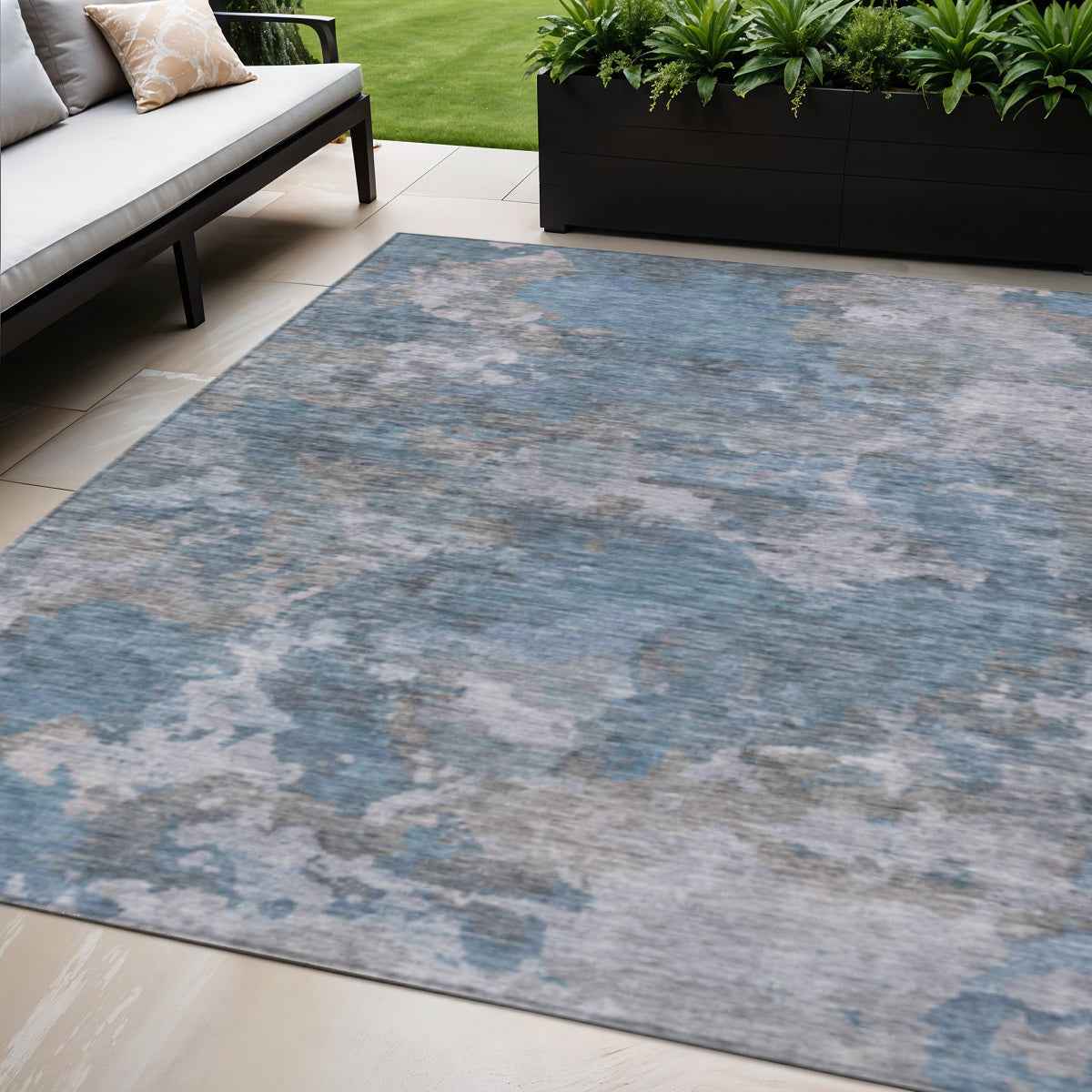 5' X 8' Denim Blue And Gray Abstract Washable Indoor Outdoor Area Rug