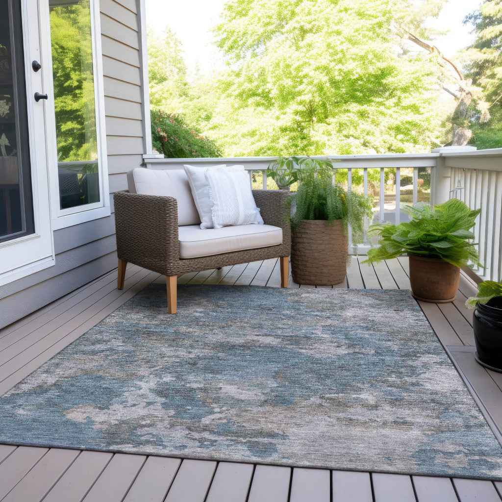 5' X 8' Denim Blue And Gray Abstract Washable Indoor Outdoor Area Rug