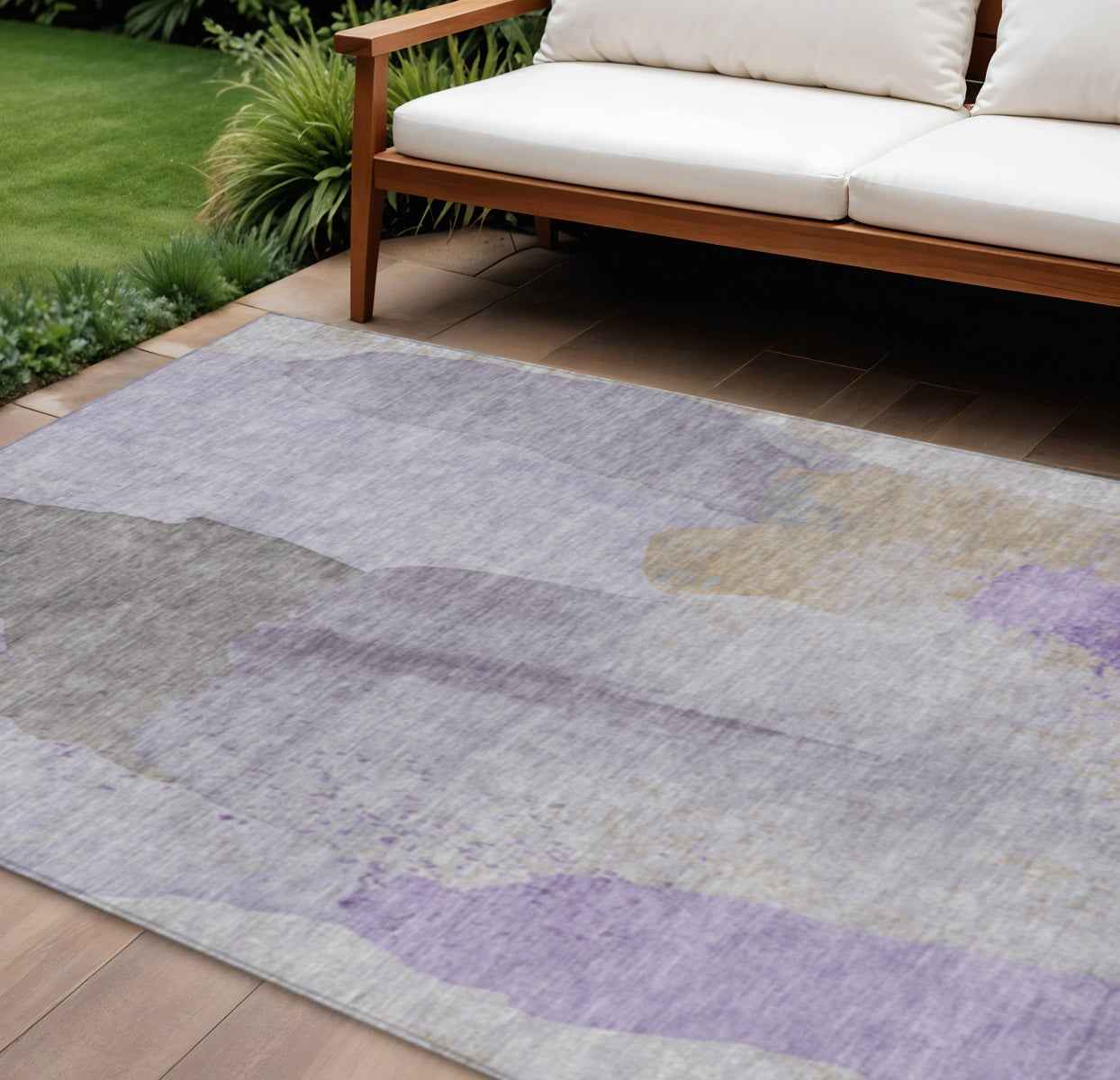 10' X 14' Lavender And Gray Abstract Washable Indoor Outdoor Area Rug