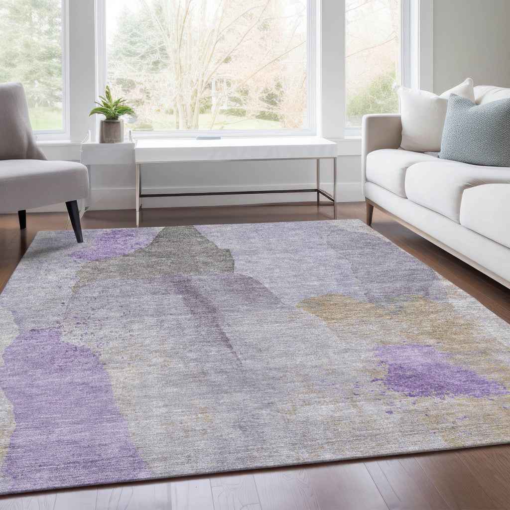 10' X 14' Lavender And Gray Abstract Washable Indoor Outdoor Area Rug