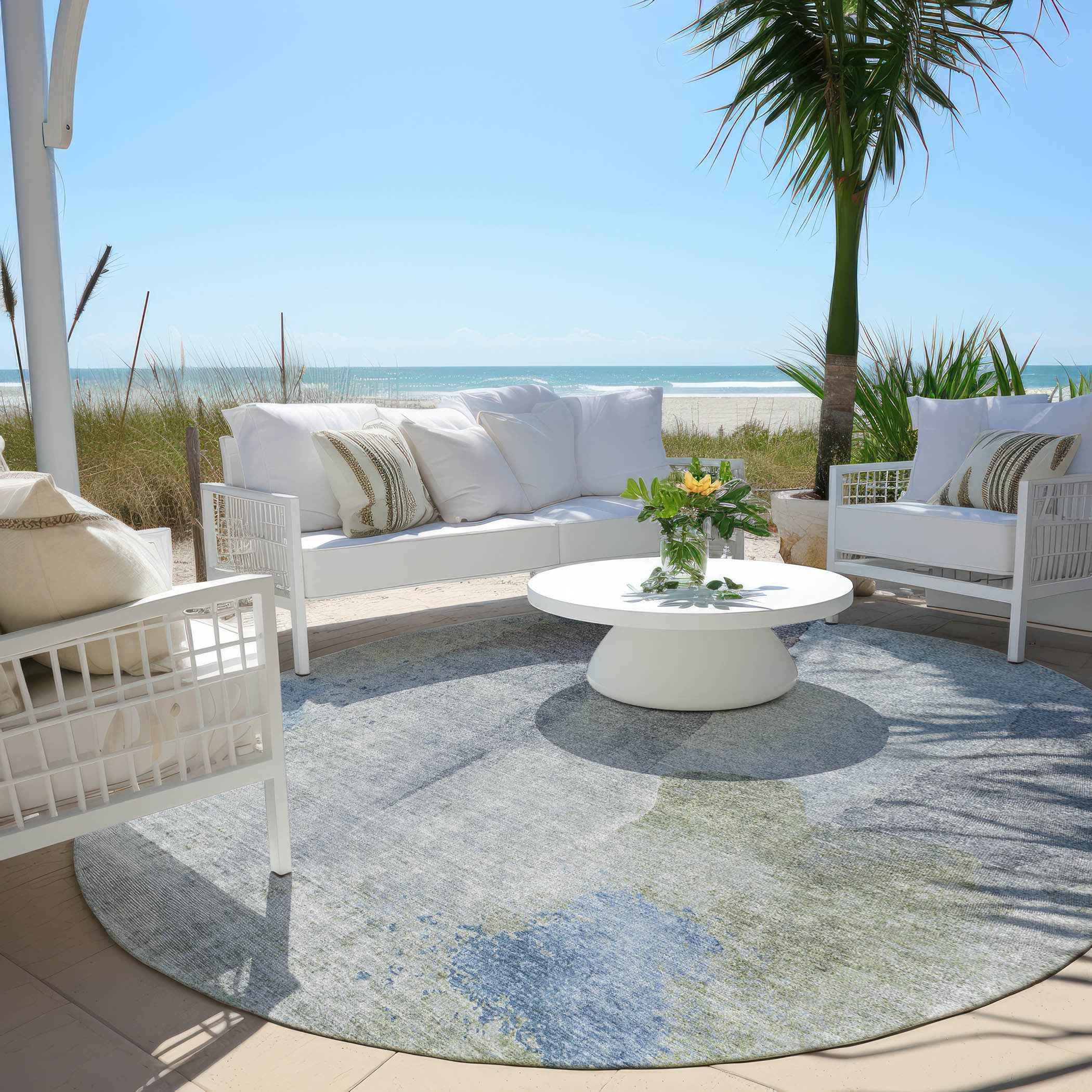 8' Denim Blue And Gray Round Abstract Washable Indoor Outdoor Area Rug