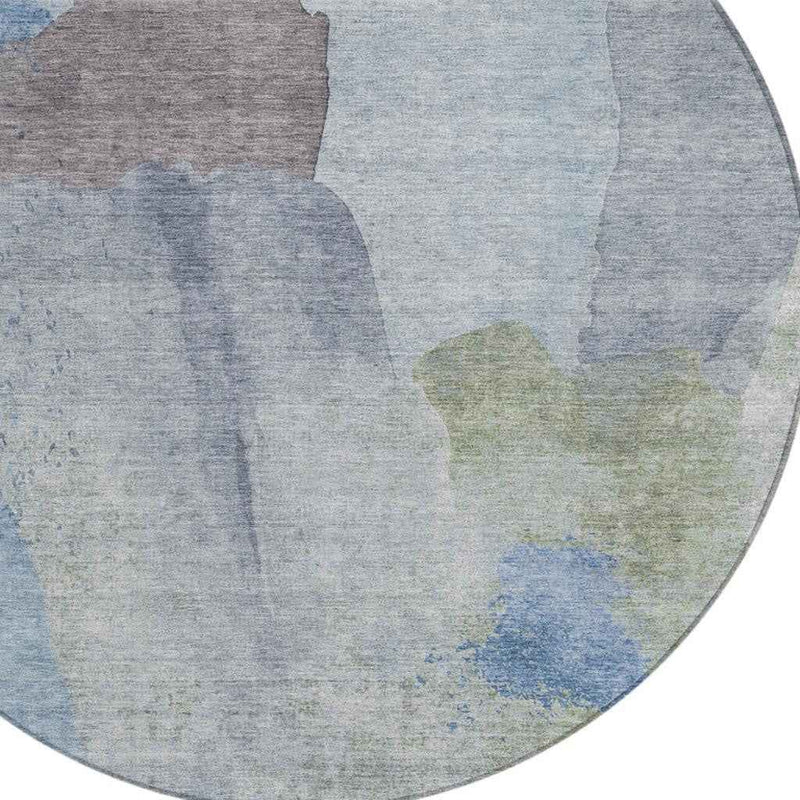 8' Denim Blue And Gray Round Abstract Washable Indoor Outdoor Area Rug