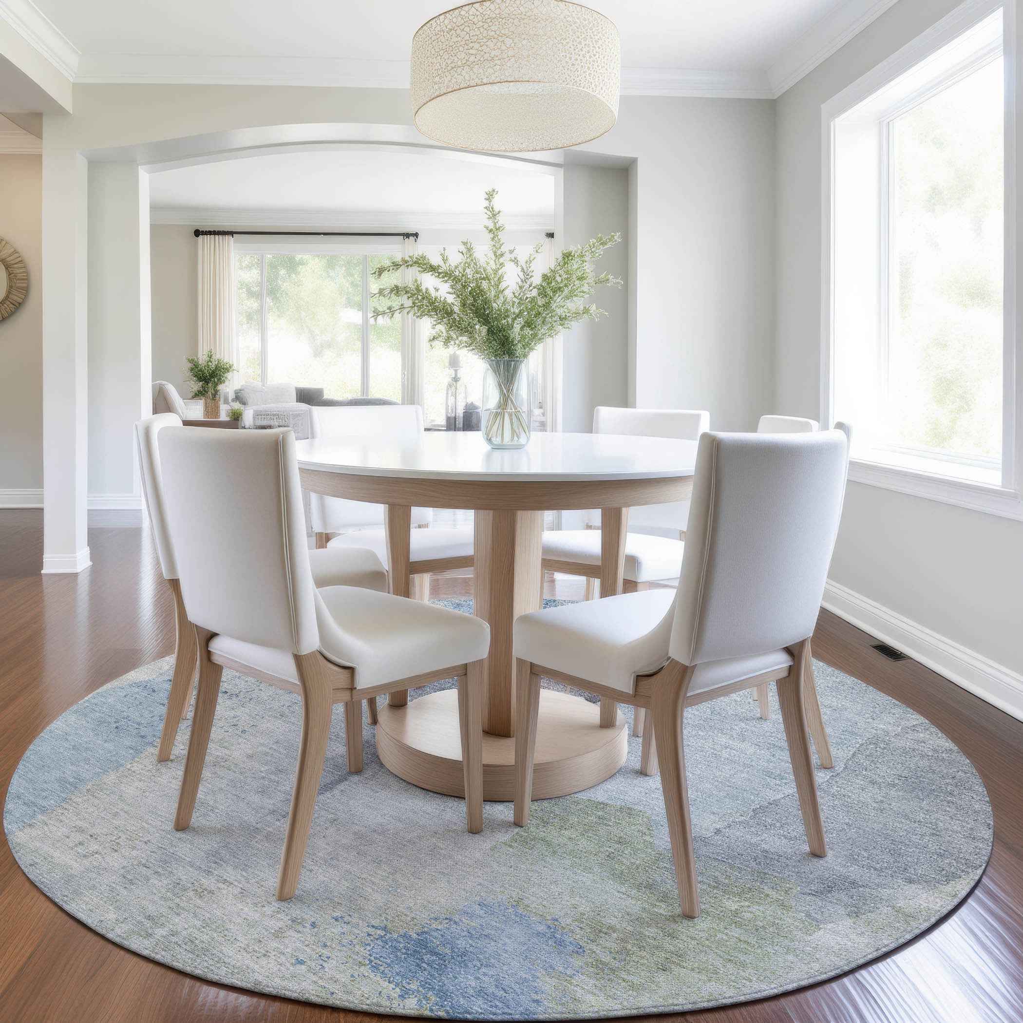 8' Denim Blue And Gray Round Abstract Washable Indoor Outdoor Area Rug