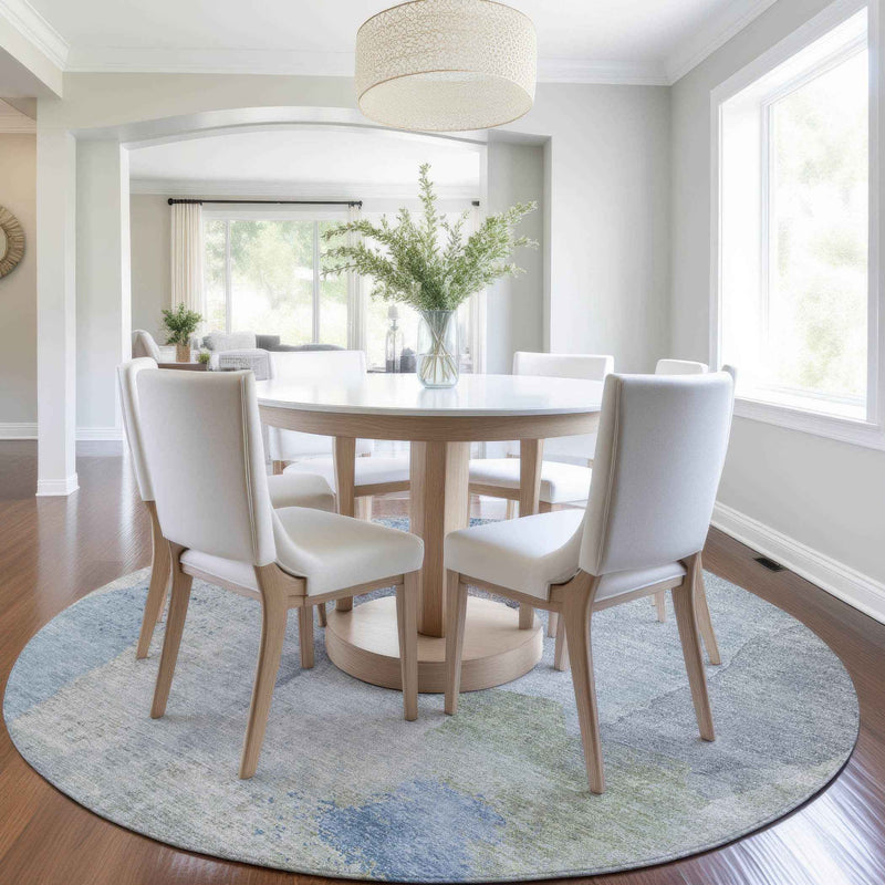 8' Denim Blue And Gray Round Abstract Washable Indoor Outdoor Area Rug