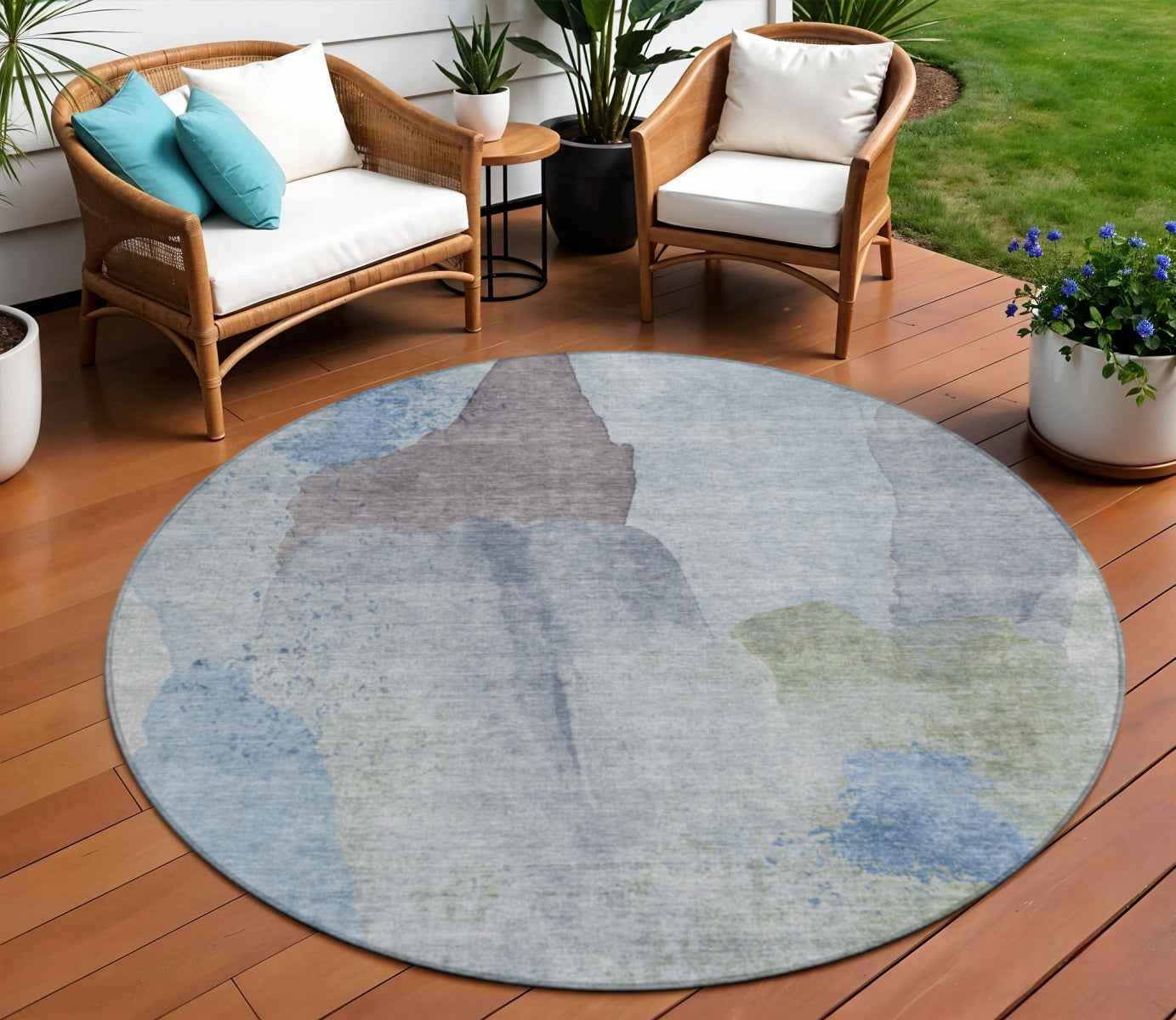 8' Denim Blue And Gray Round Abstract Washable Indoor Outdoor Area Rug