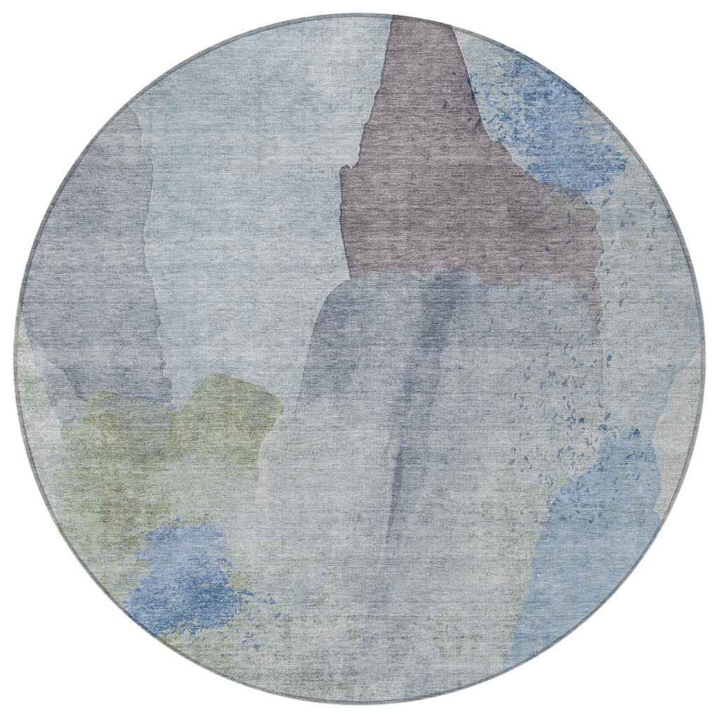 8' Denim Blue And Gray Round Abstract Washable Indoor Outdoor Area Rug