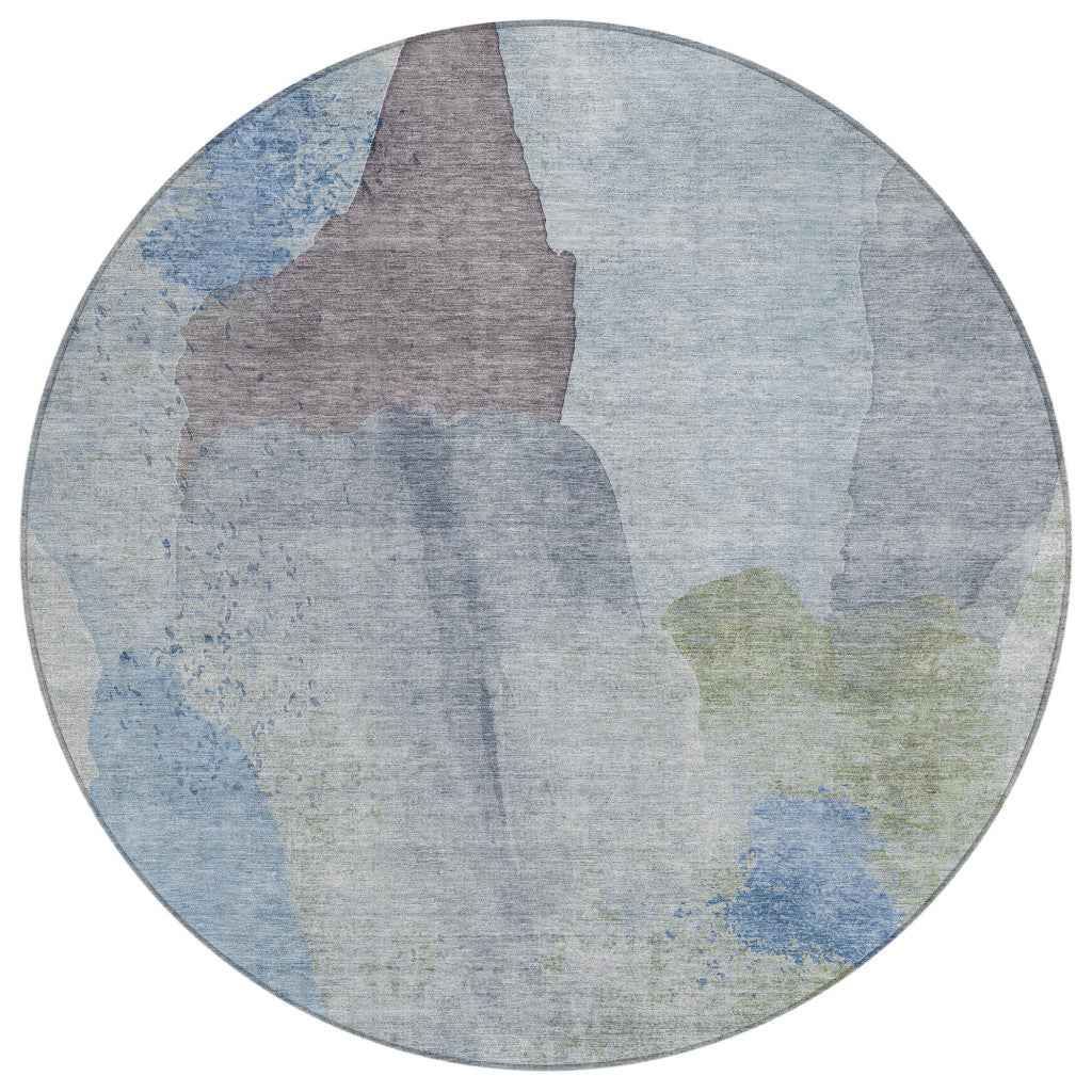 8' Denim Blue And Gray Round Abstract Washable Indoor Outdoor Area Rug
