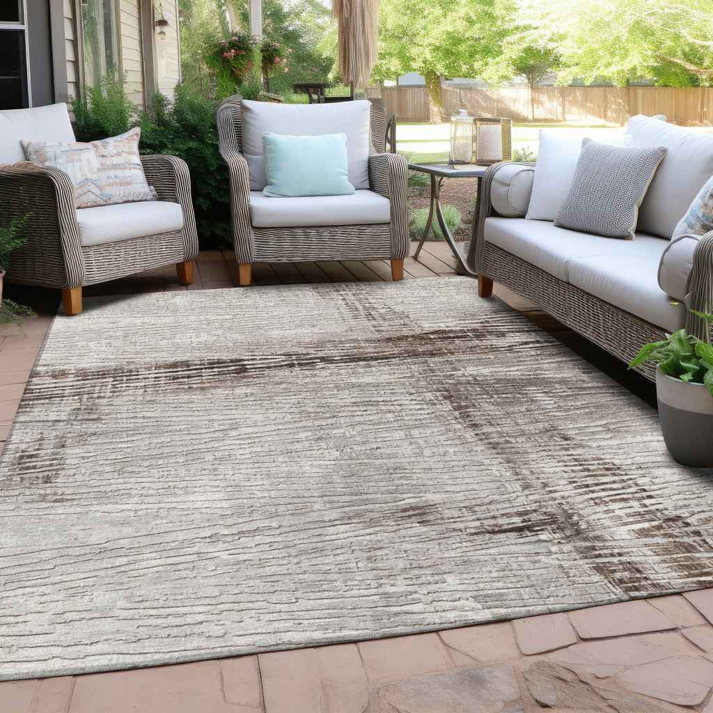 10' X 14' Taupe And Ivory Striped Washable Indoor Outdoor Area Rug