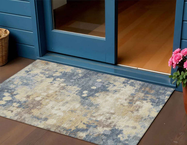 3' X 5' Gold And Beige Abstract Washable Indoor Outdoor Area Rug