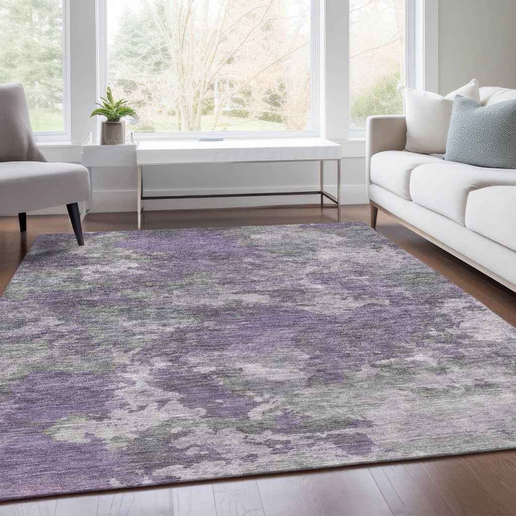 9' X 12' Purple And Gray Abstract Washable Indoor Outdoor Area Rug