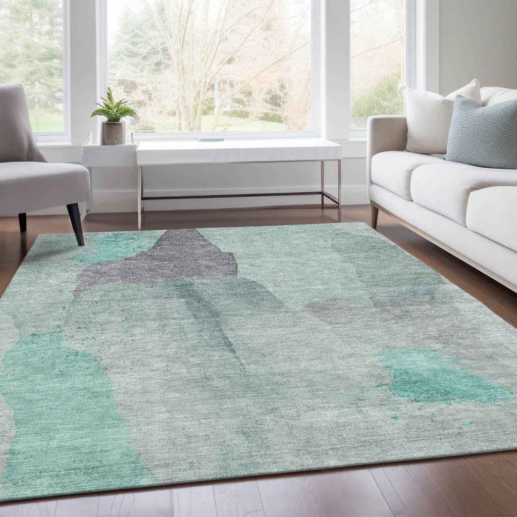 5' X 8' Teal Blue And Aqua Abstract Washable Indoor Outdoor Area Rug