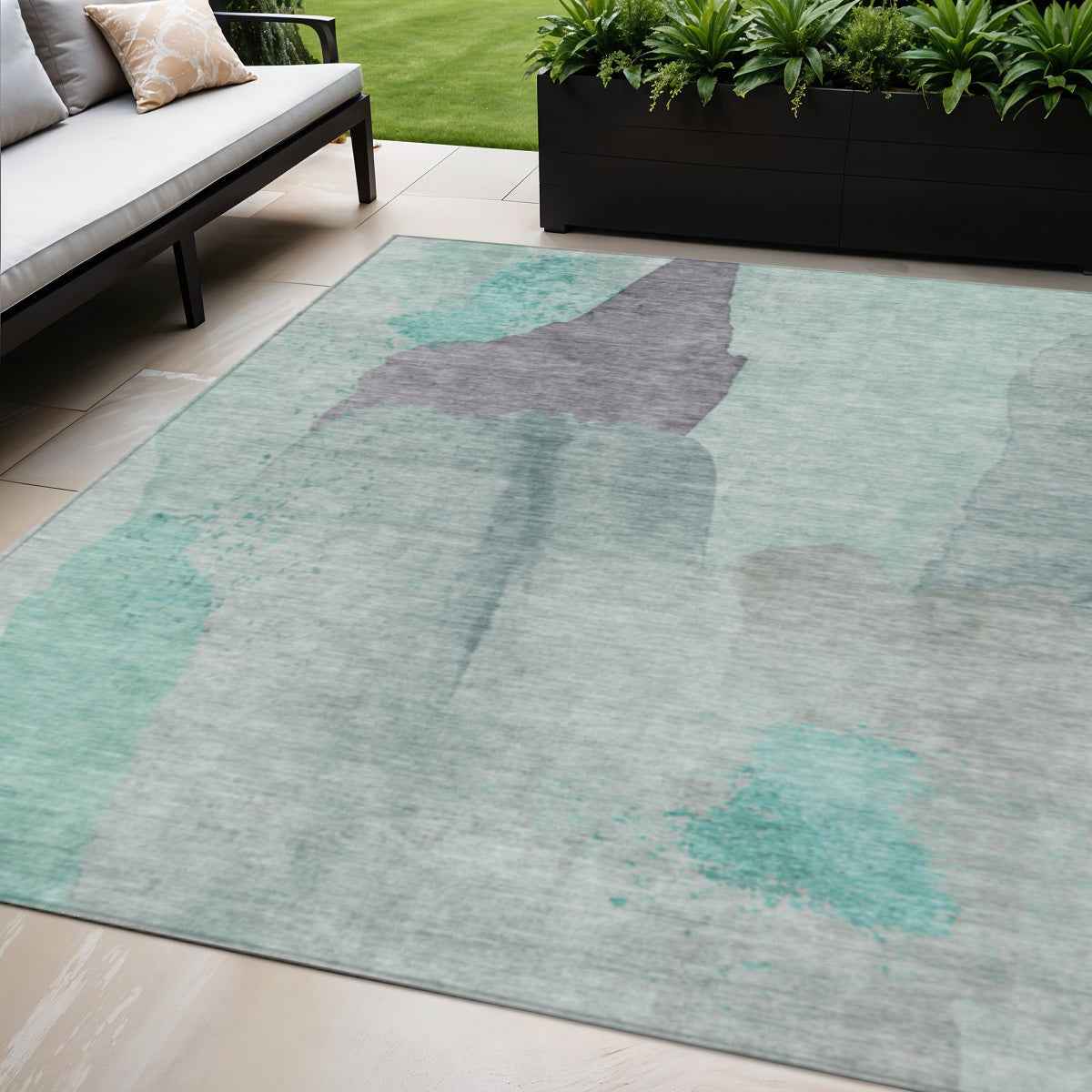 5' X 8' Teal Blue And Aqua Abstract Washable Indoor Outdoor Area Rug