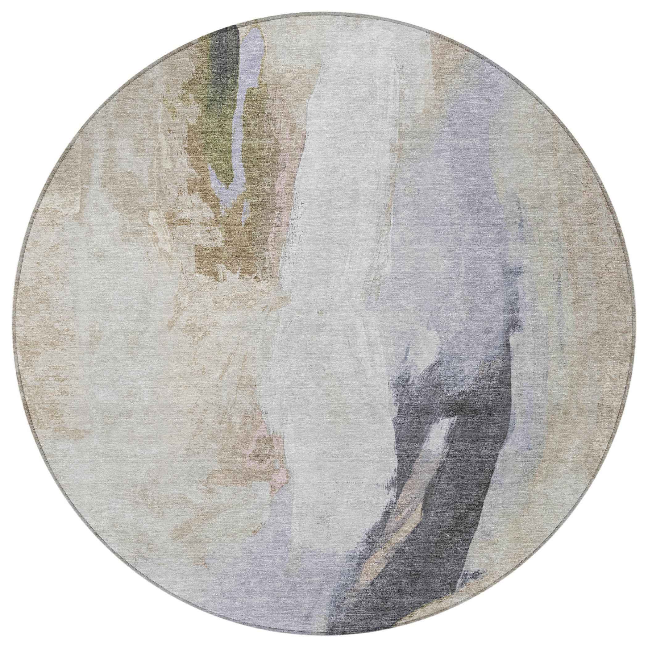 8' Ivory And Charcoal Round Abstract Washable Indoor Outdoor Area Rug