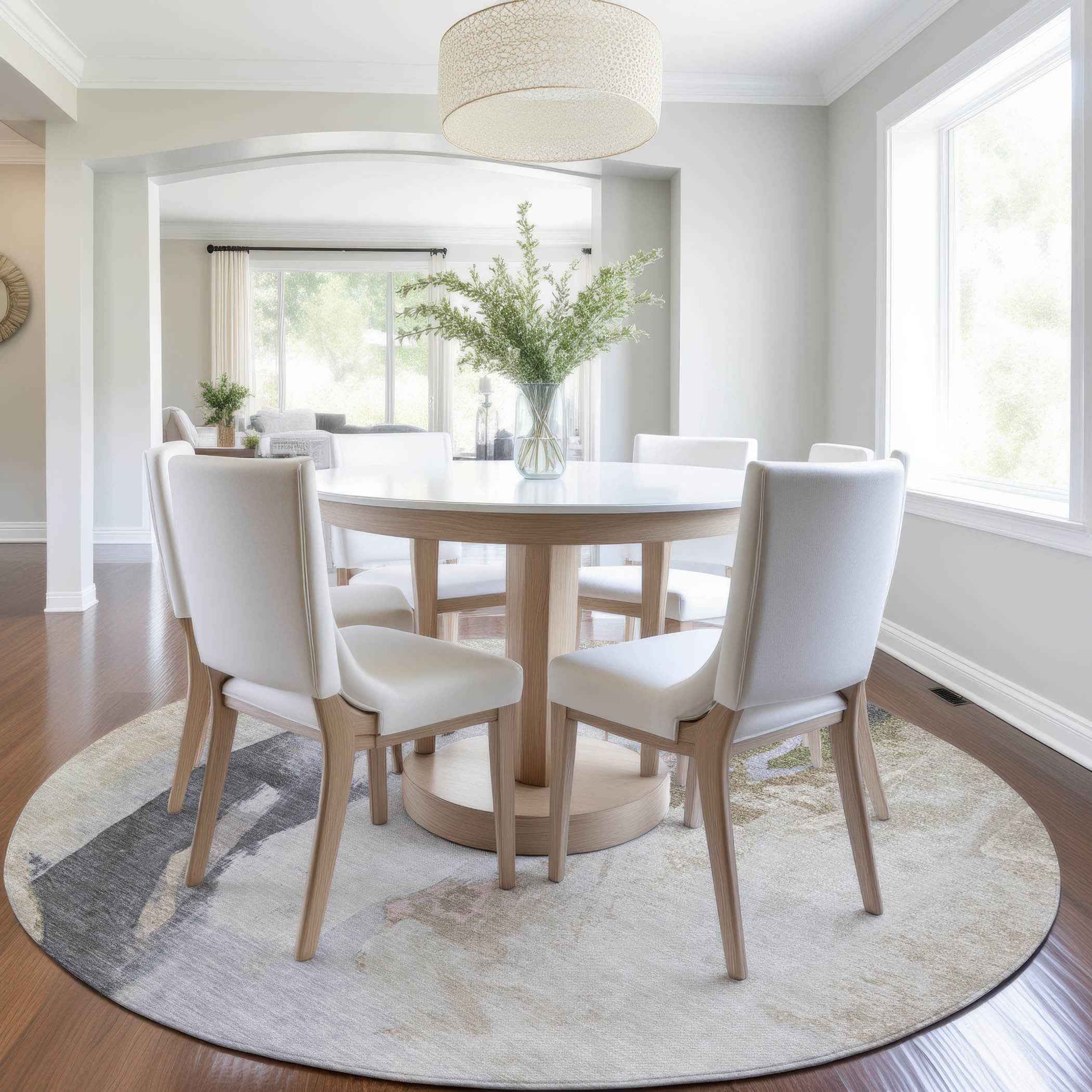 8' Ivory And Charcoal Round Abstract Washable Indoor Outdoor Area Rug