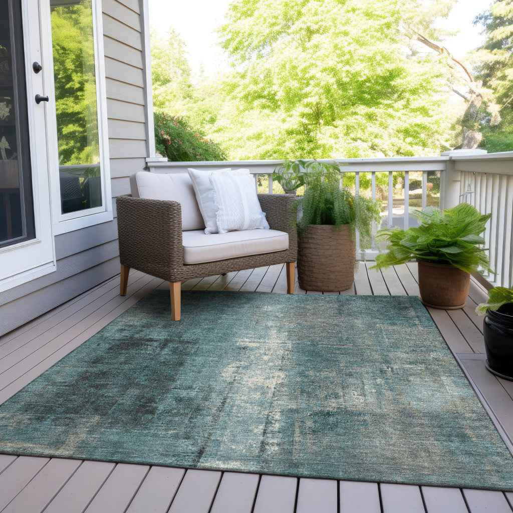 10' X 14' Teal Blue And Ivory Abstract Washable Indoor Outdoor Area Rug
