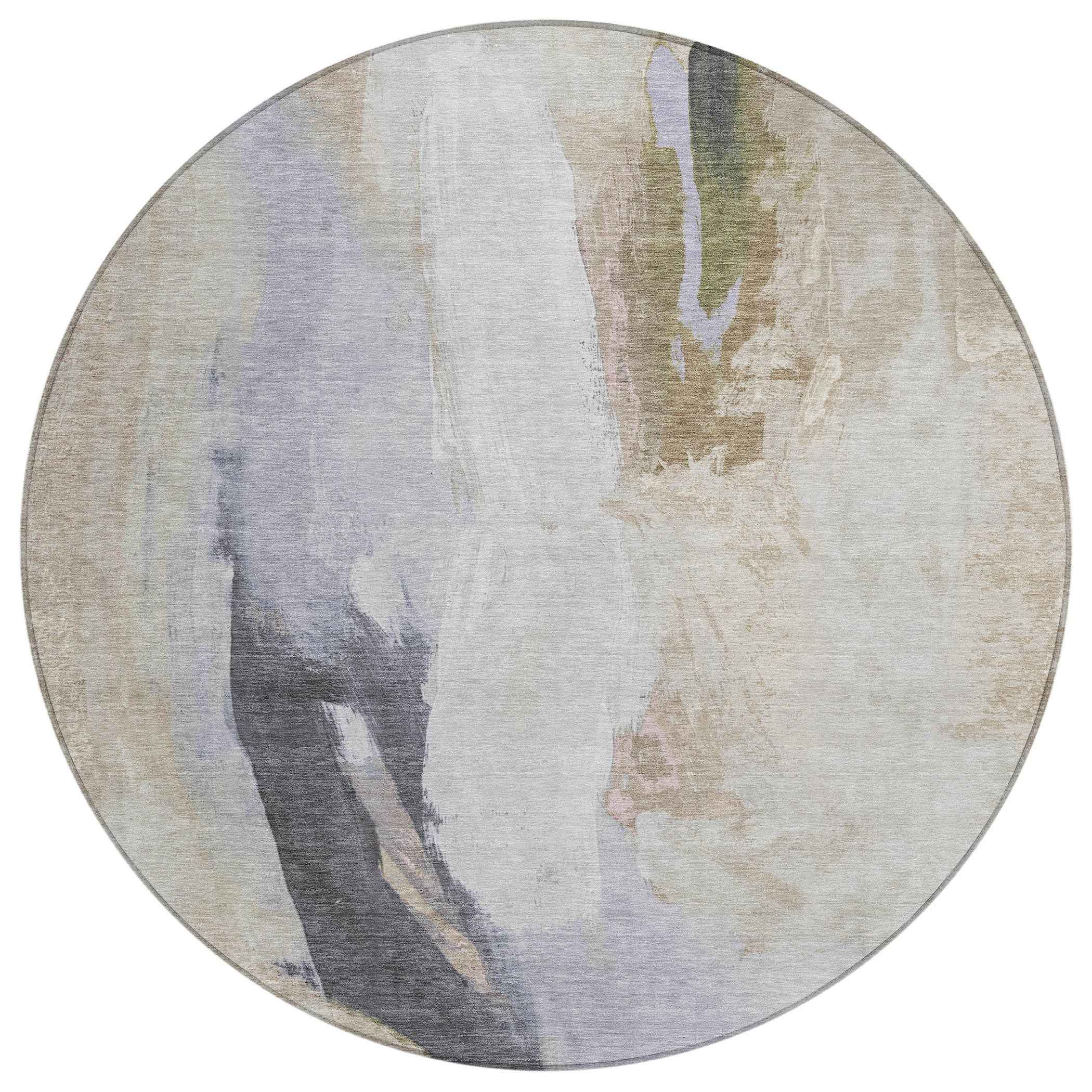 8' Ivory And Charcoal Round Abstract Washable Indoor Outdoor Area Rug