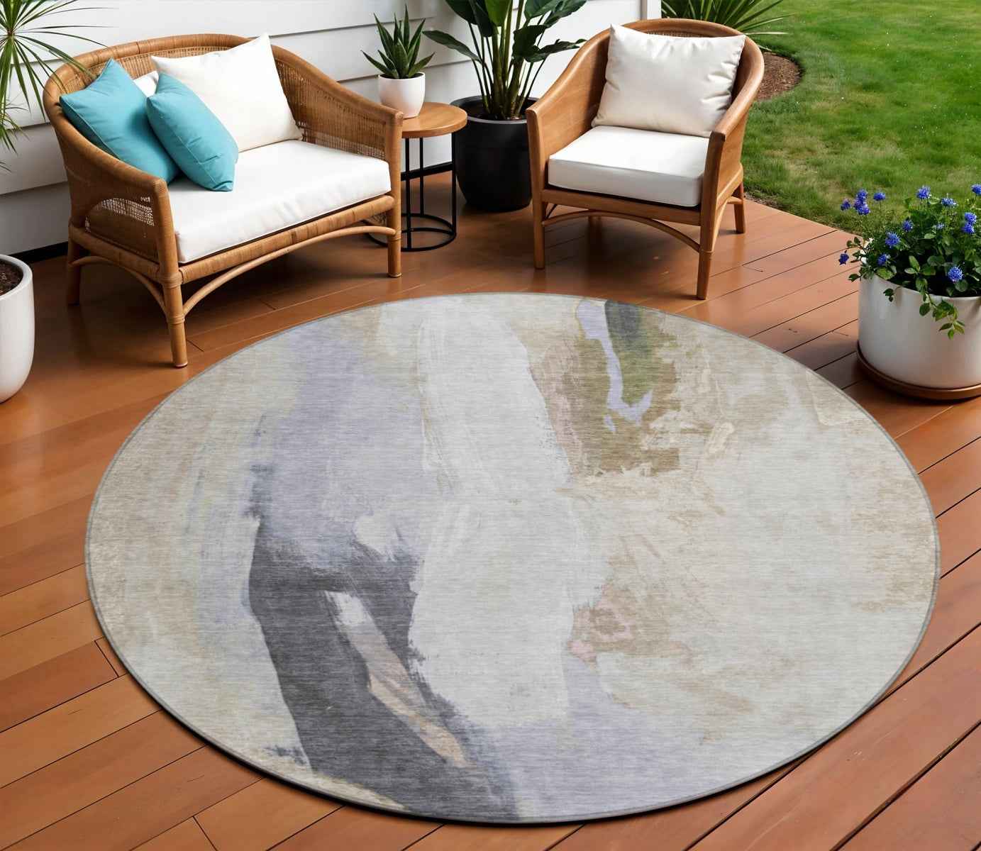 8' Ivory And Charcoal Round Abstract Washable Indoor Outdoor Area Rug