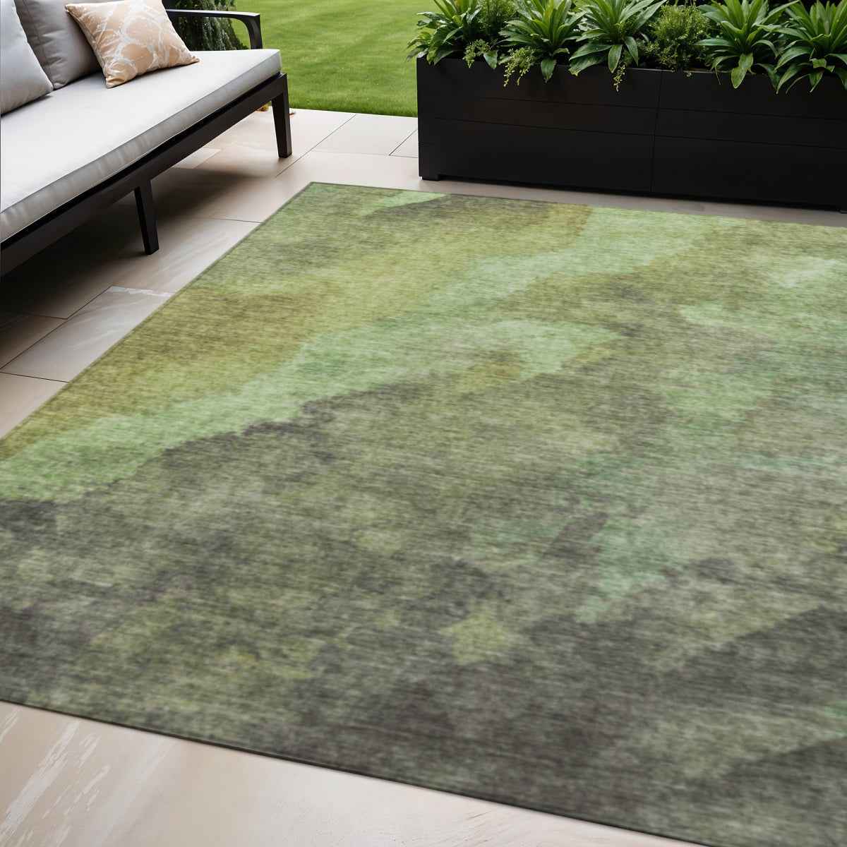5' X 8' Green And Charcoal Abstract Washable Indoor Outdoor Area Rug