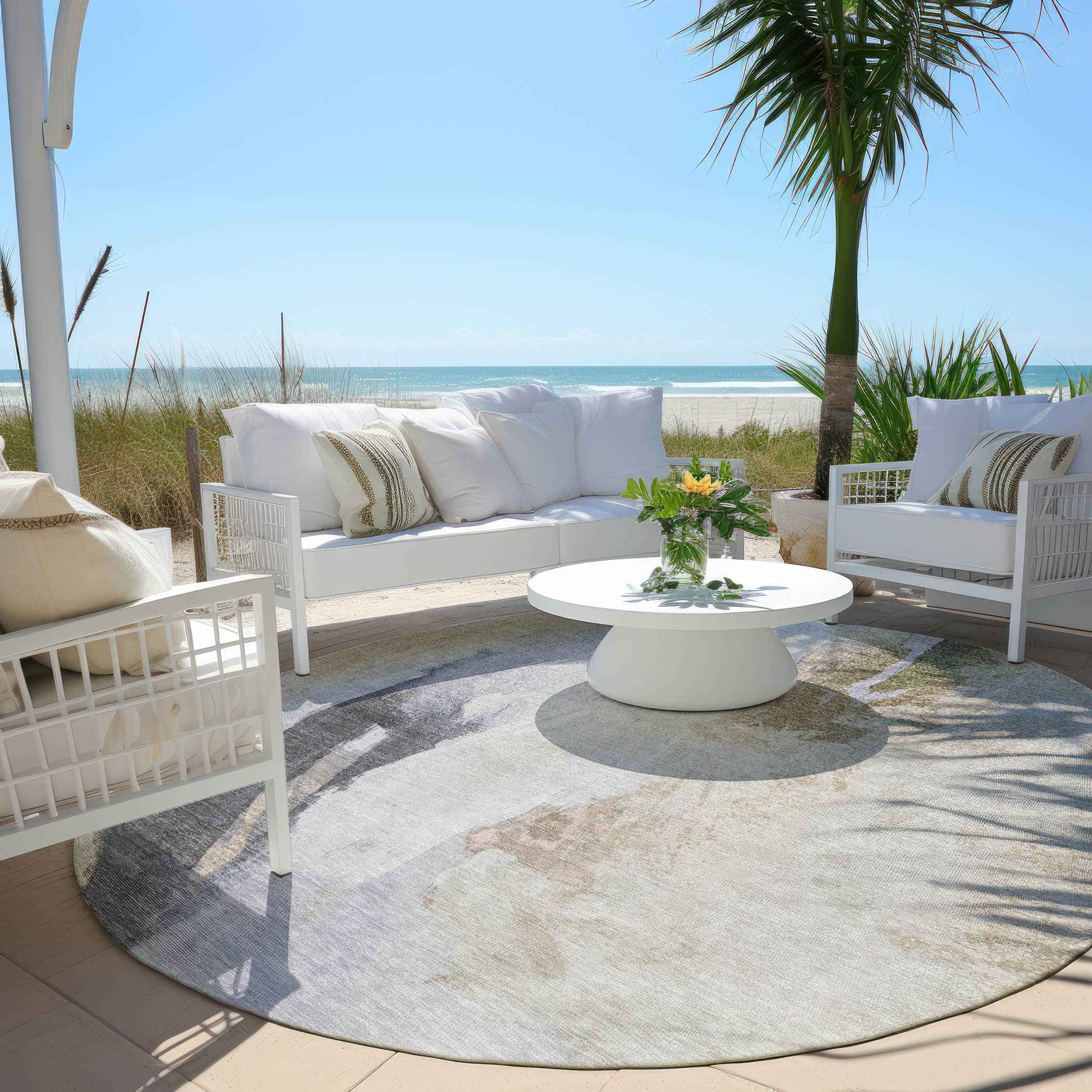 8' Ivory And Charcoal Round Abstract Washable Indoor Outdoor Area Rug