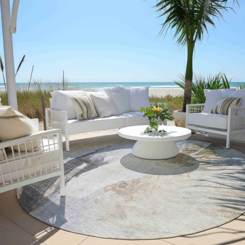 8' Ivory And Charcoal Round Abstract Washable Indoor Outdoor Area Rug