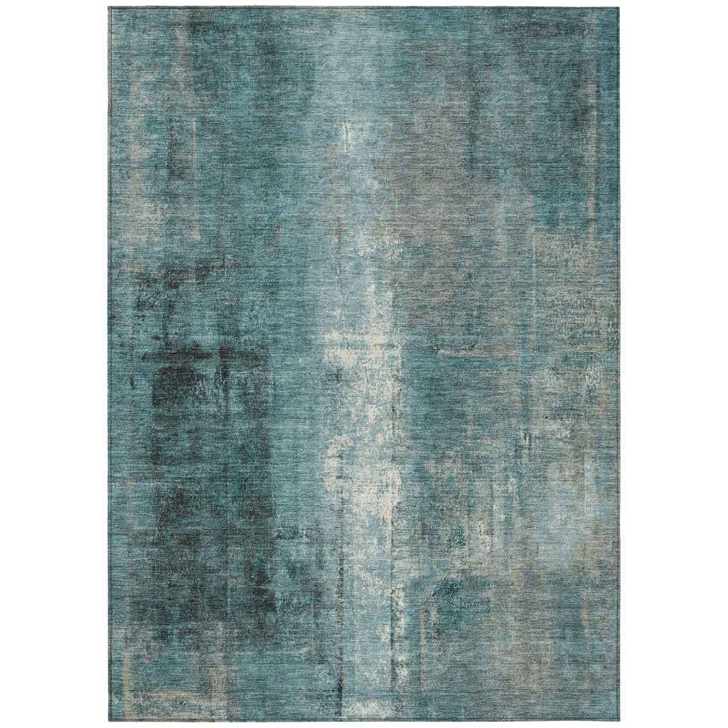 10' X 14' Teal Blue And Ivory Abstract Washable Indoor Outdoor Area Rug