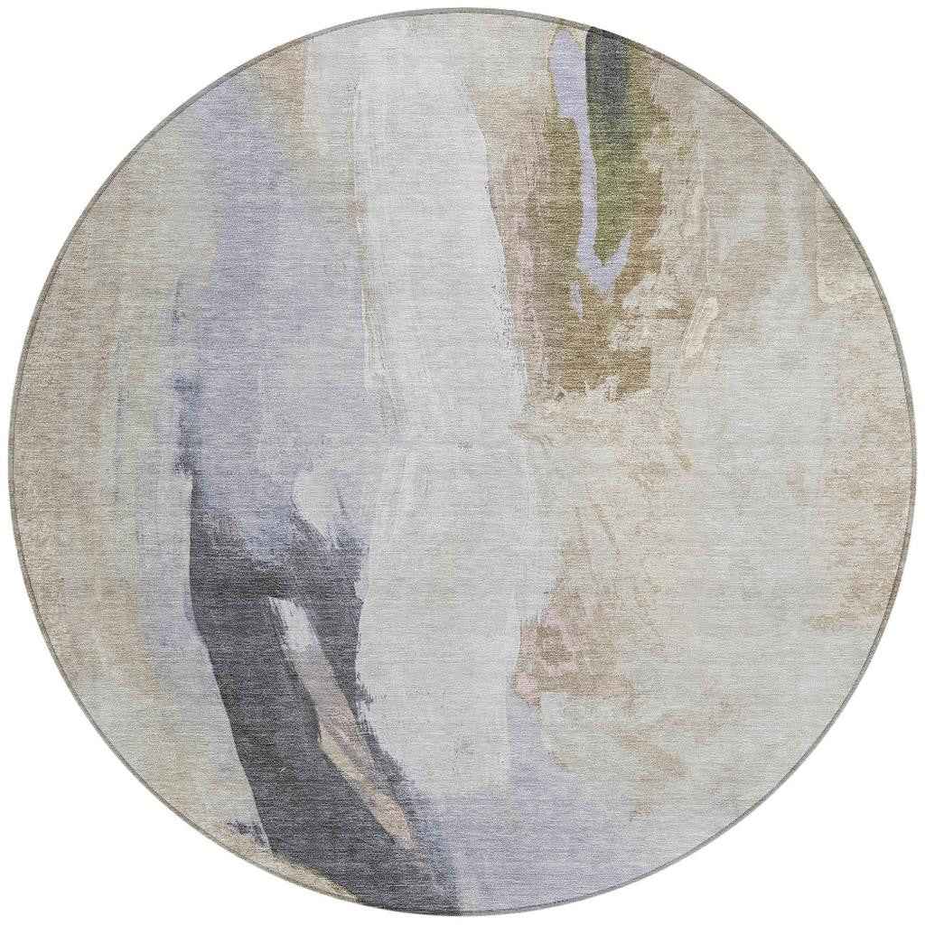 8' Ivory And Charcoal Round Abstract Washable Indoor Outdoor Area Rug
