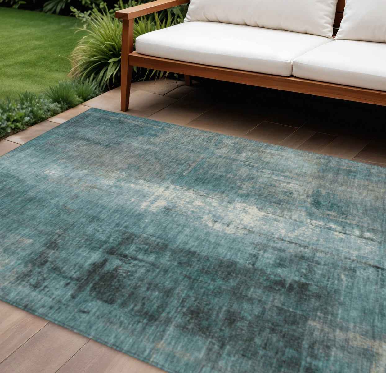 10' X 14' Teal Blue And Ivory Abstract Washable Indoor Outdoor Area Rug