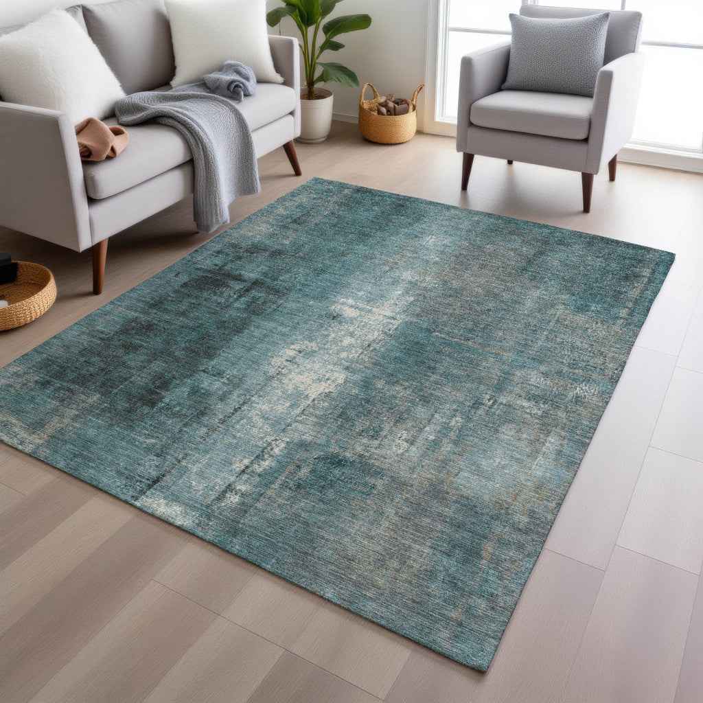 10' X 14' Teal Blue And Ivory Abstract Washable Indoor Outdoor Area Rug