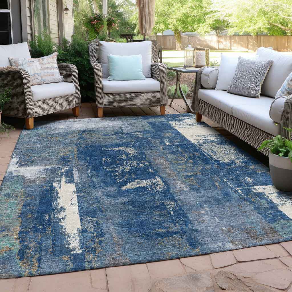 3' X 5' Navy Blue And Ivory Abstract Washable Indoor Outdoor Area Rug