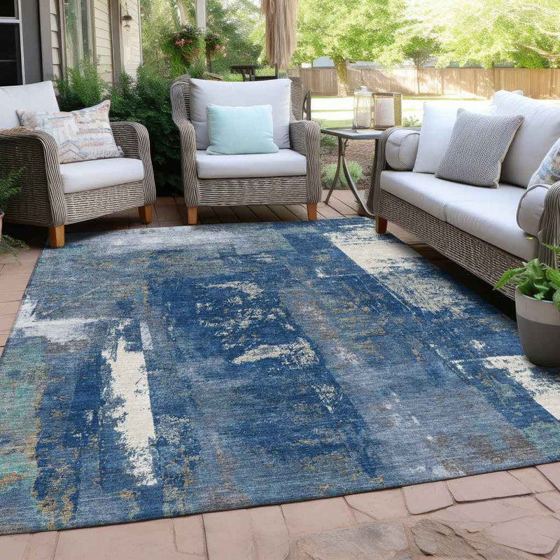 3' X 5' Navy Blue And Ivory Abstract Washable Indoor Outdoor Area Rug