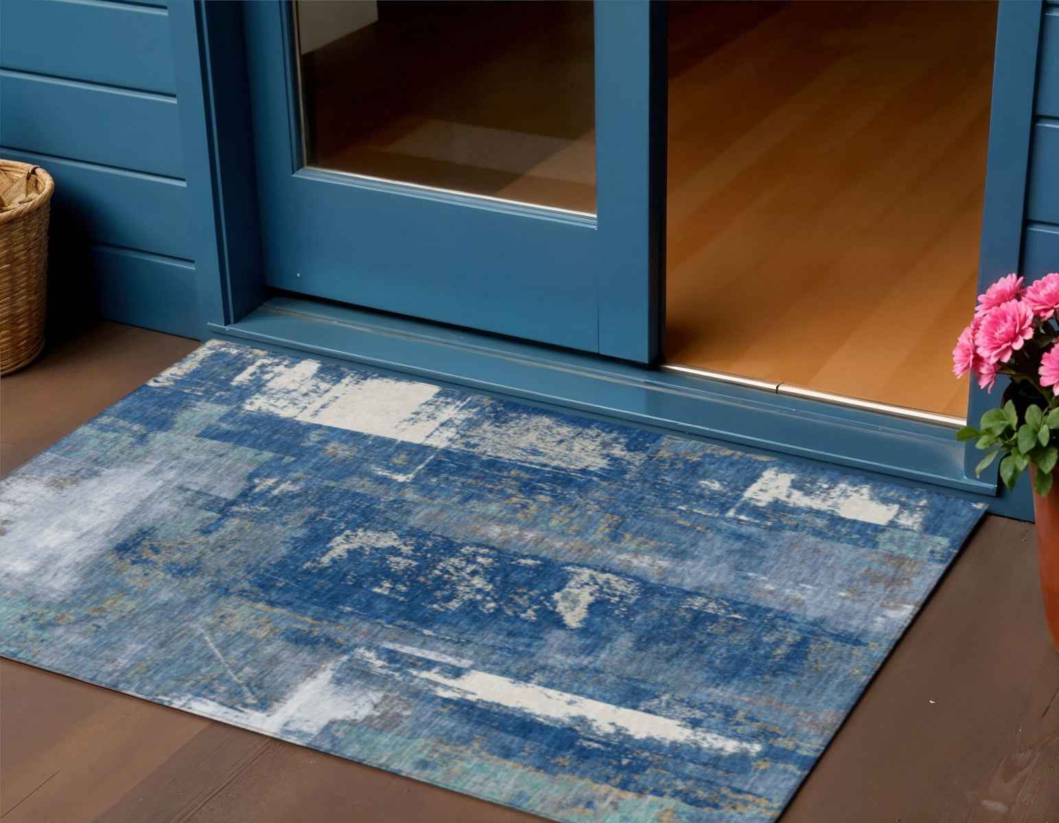 3' X 5' Navy Blue And Ivory Abstract Washable Indoor Outdoor Area Rug