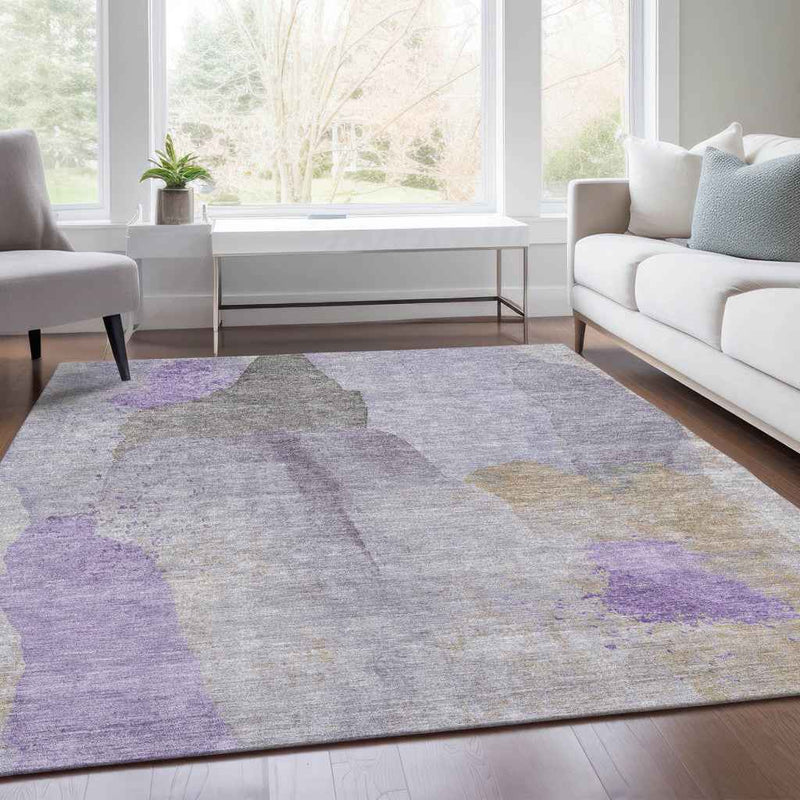 8' X 10' Lavender And Gray Abstract Washable Indoor Outdoor Area Rug