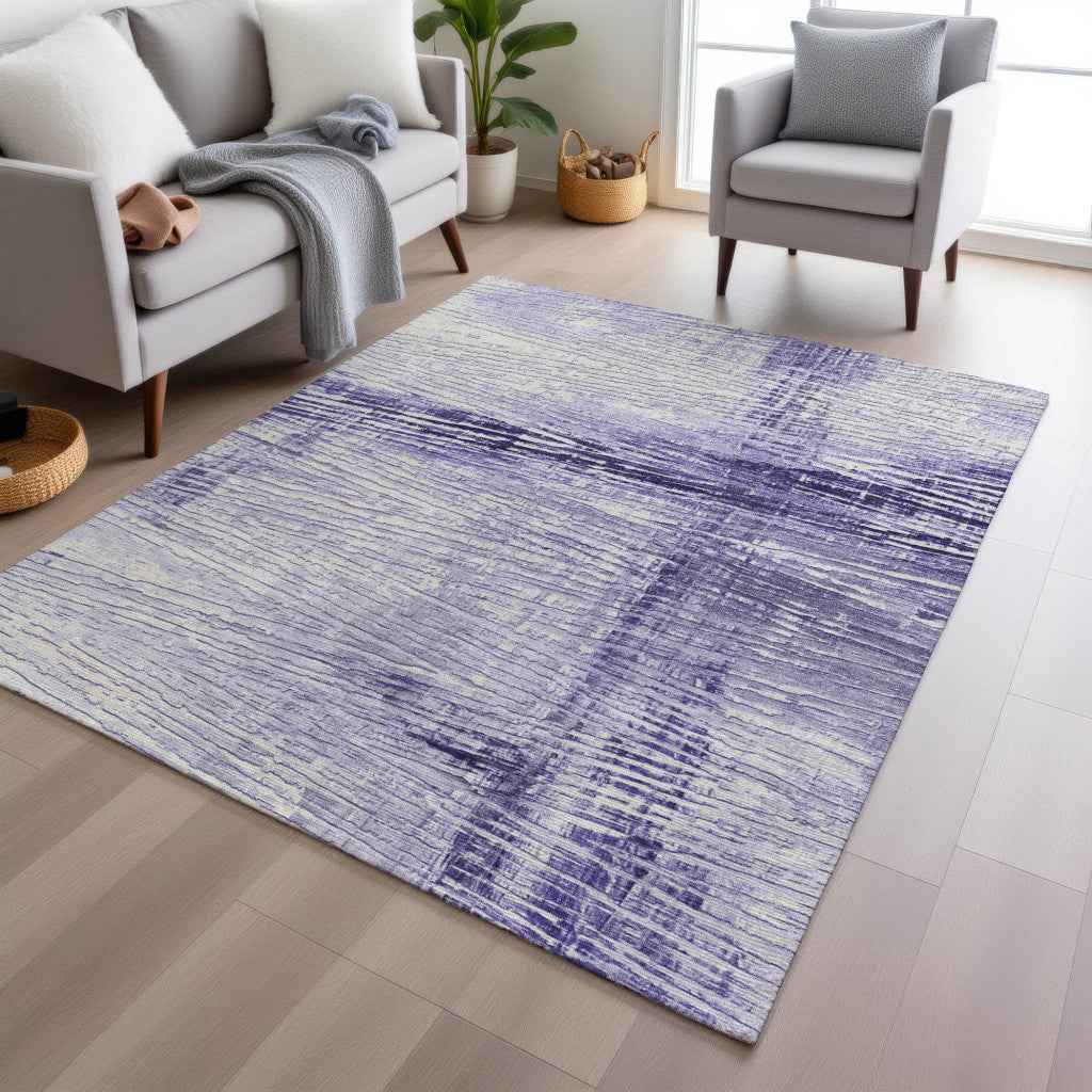 5' X 8' Lavender And Ivory Striped Washable Indoor Outdoor Area Rug