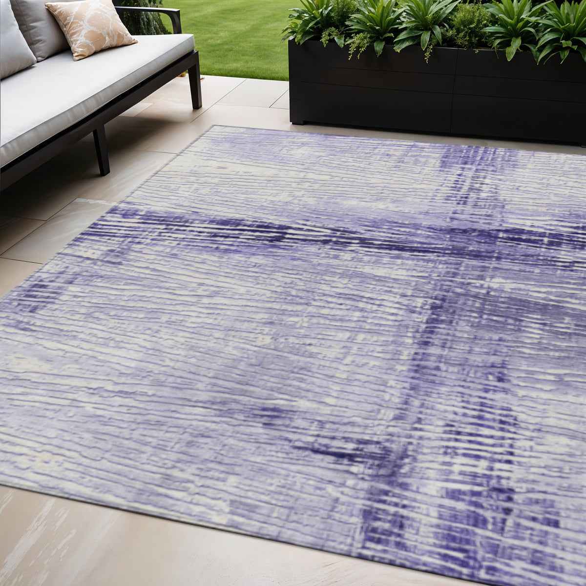 5' X 8' Lavender And Ivory Striped Washable Indoor Outdoor Area Rug
