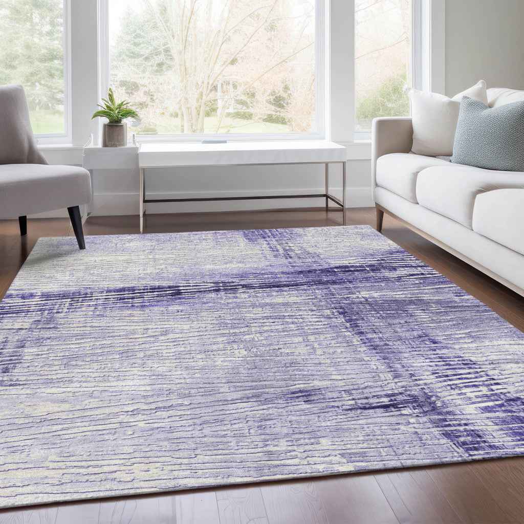 5' X 8' Lavender And Ivory Striped Washable Indoor Outdoor Area Rug