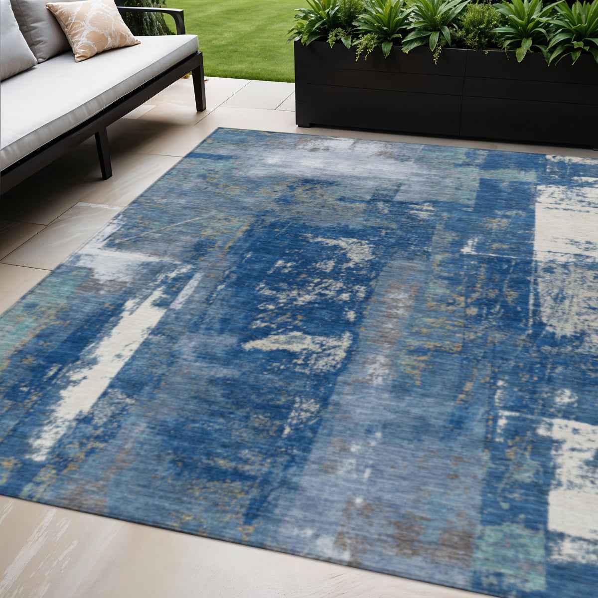 5' X 8' Navy Blue And Ivory Abstract Washable Indoor Outdoor Area Rug