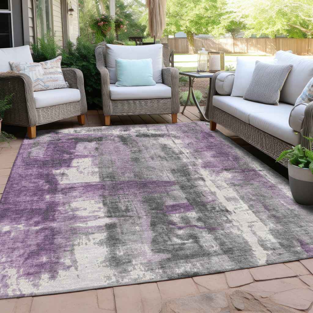 10' X 14' Purple And Ivory Abstract Washable Indoor Outdoor Area Rug
