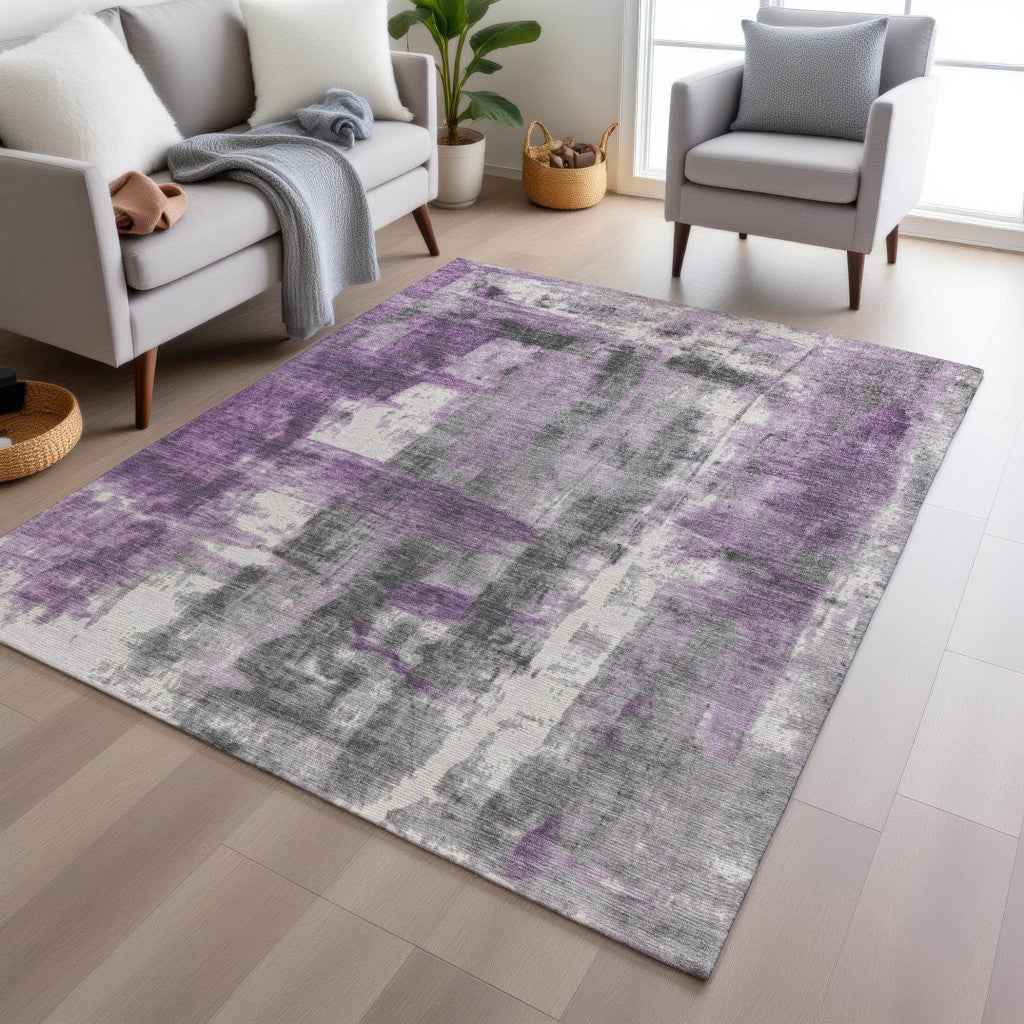 10' X 14' Purple And Ivory Abstract Washable Indoor Outdoor Area Rug