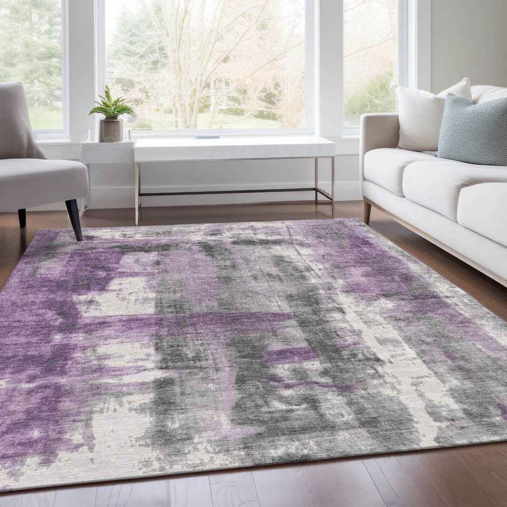 10' X 14' Purple And Ivory Abstract Washable Indoor Outdoor Area Rug