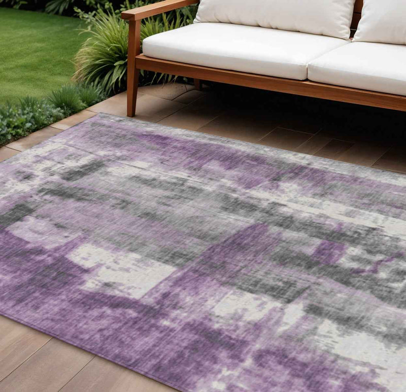 10' X 14' Purple And Ivory Abstract Washable Indoor Outdoor Area Rug